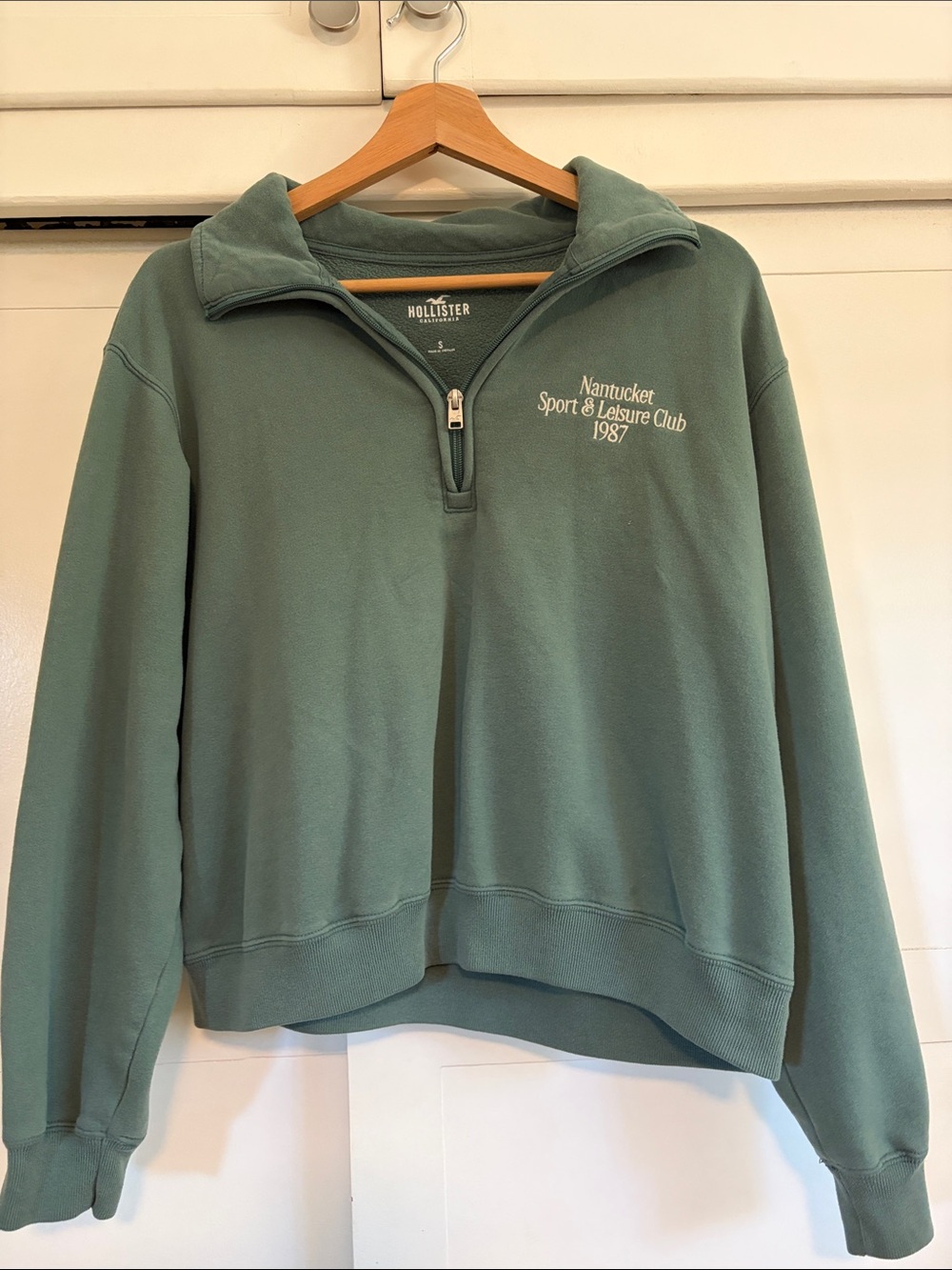 Hollister Sage Green Quarter-Zip Pullover with Embroidered Logo